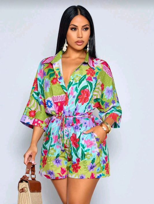 Tropical print belted romper