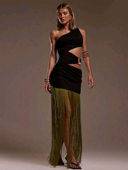One shoulder cut out waist fringe dress