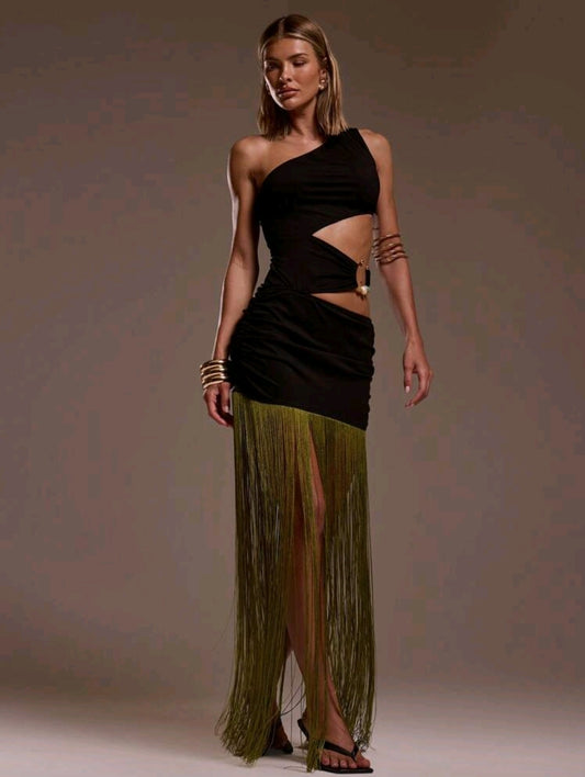 One shoulder cut out waist fringe dress