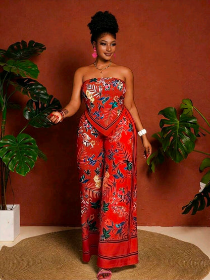 Plus-size floral print bandeau top and wide leg pants