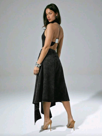 Asymmetrical Slit Denim Midi Skirt