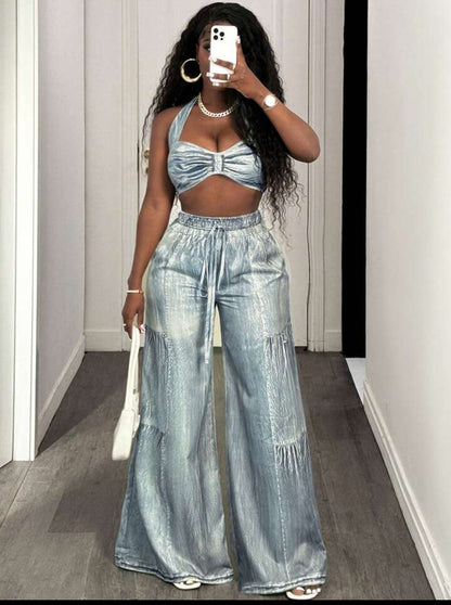 Faux Denim two piece pants set