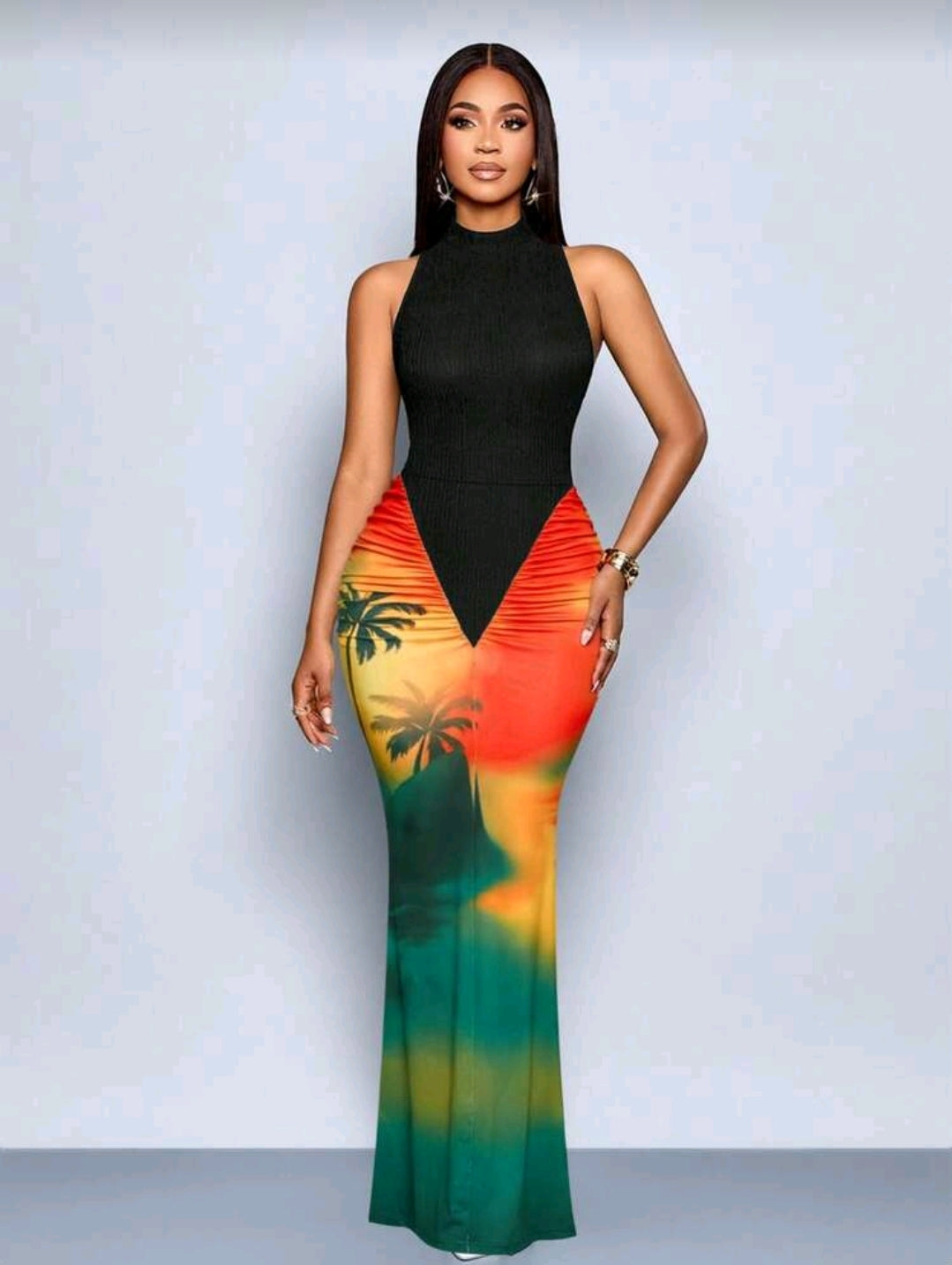 Tropical turtleneck maxi dress