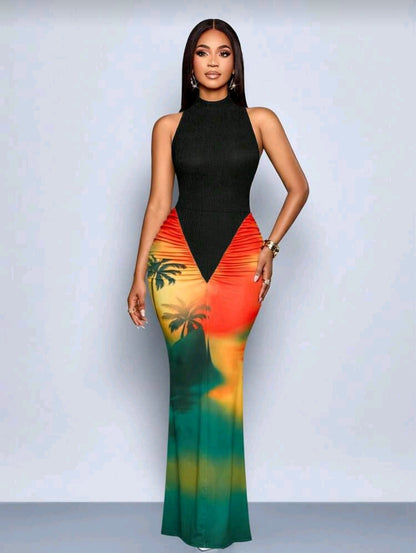 Tropical turtleneck maxi dress