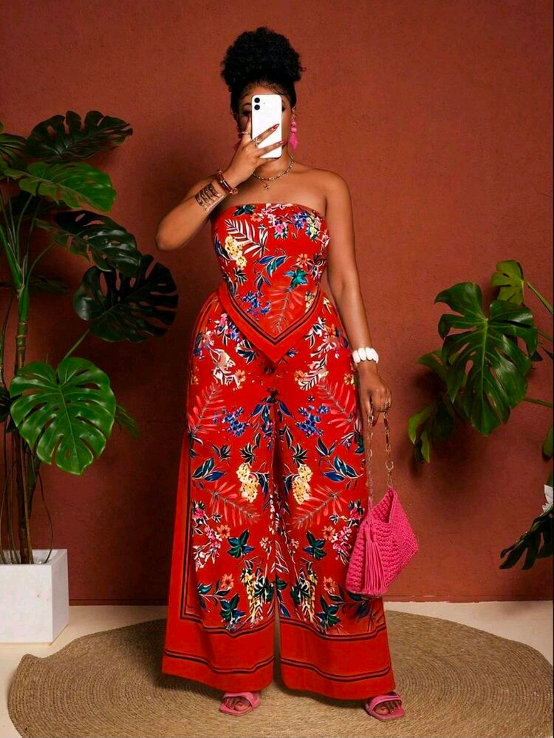 Plus-size floral print bandeau top and wide leg pants