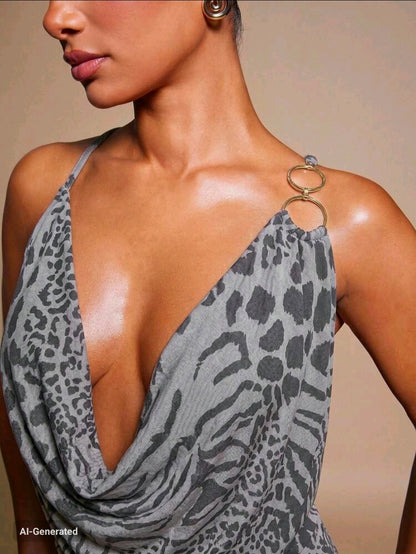 Draped neck high slit maxi dress