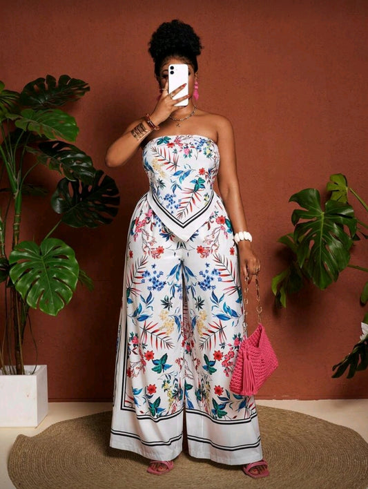 Plus-size floral print bandeau top and wide leg pants