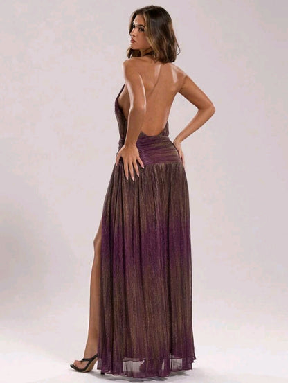 Deep plunge halter neck daring maxi dress
