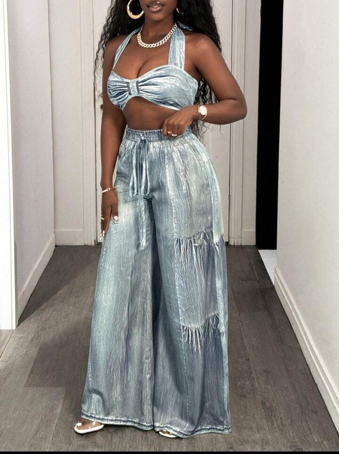 Faux Denim two piece pants set