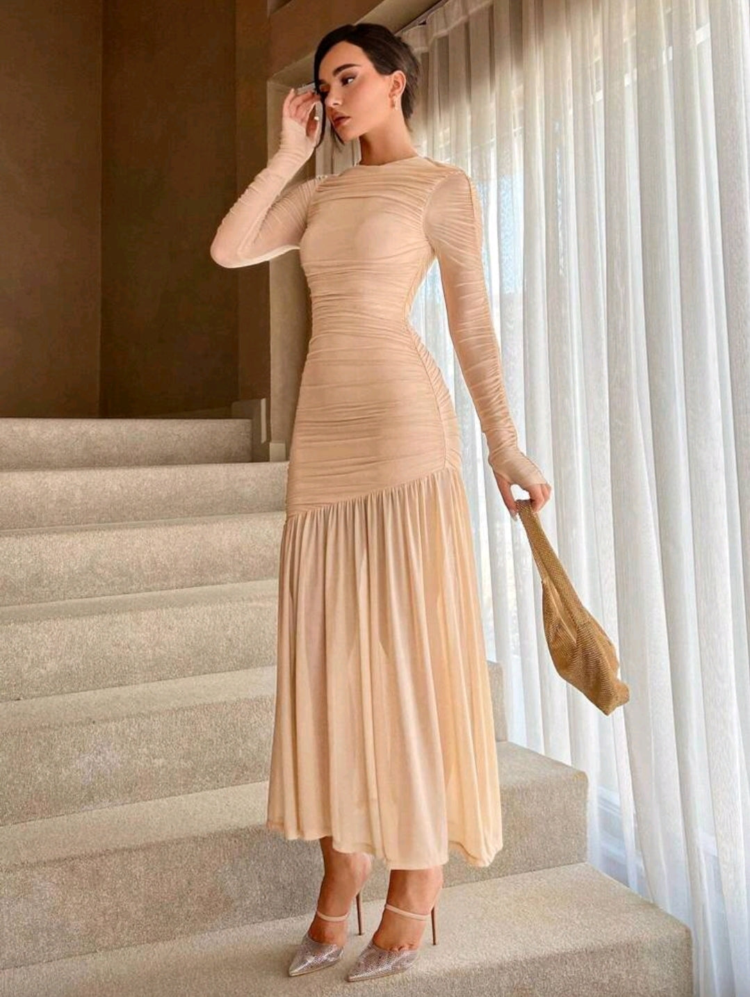 Fitted maxi long sleeve dress