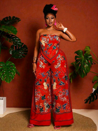 Plus-size floral print bandeau top and wide leg pants