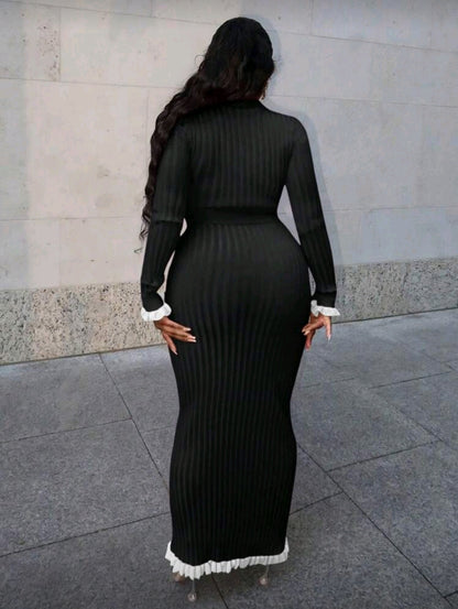 V-neck long-sleeved sweater skirt set