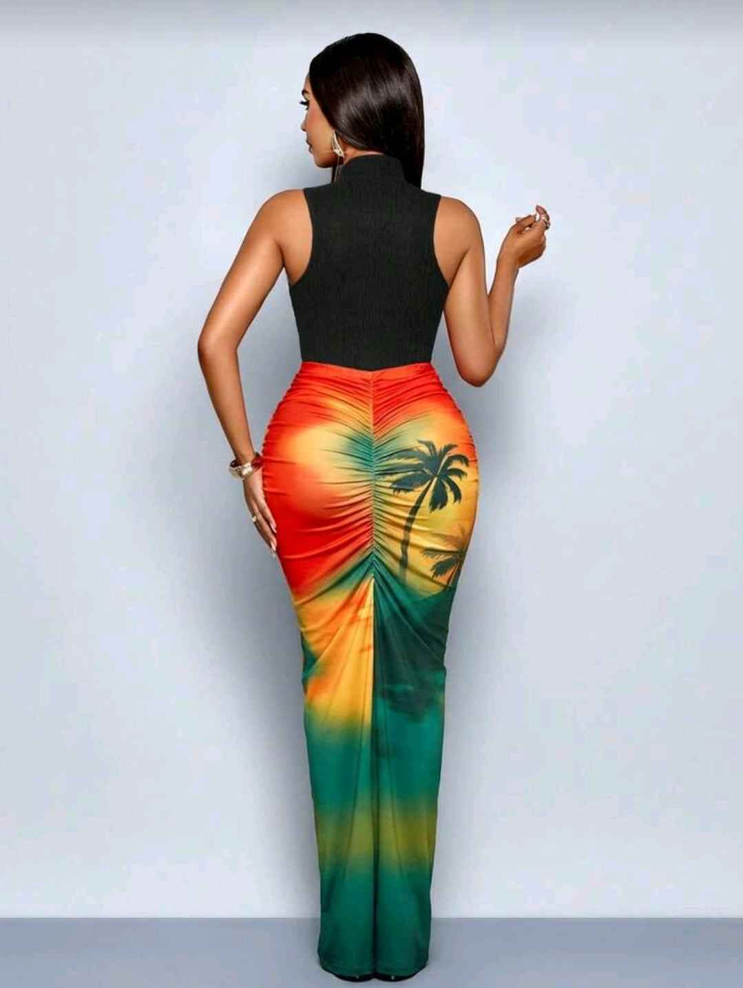 Tropical turtleneck maxi dress