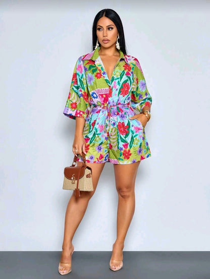 Tropical print belted romper