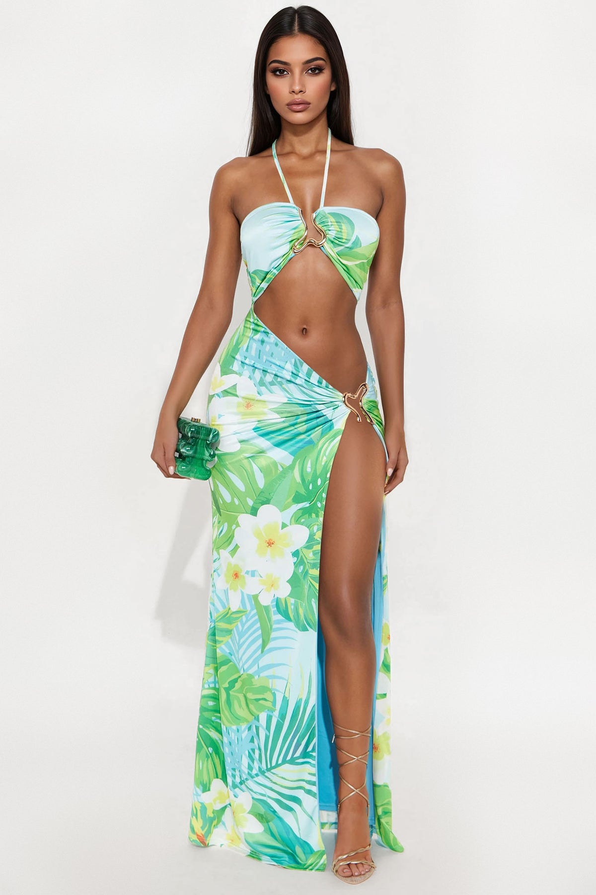 Tropical high slit maxi dress
