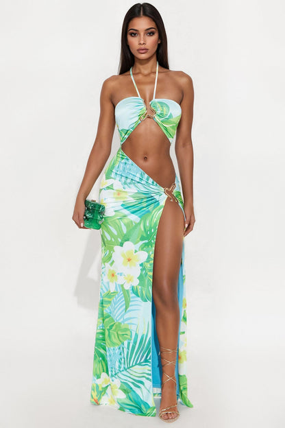 Tropical high slit maxi dress