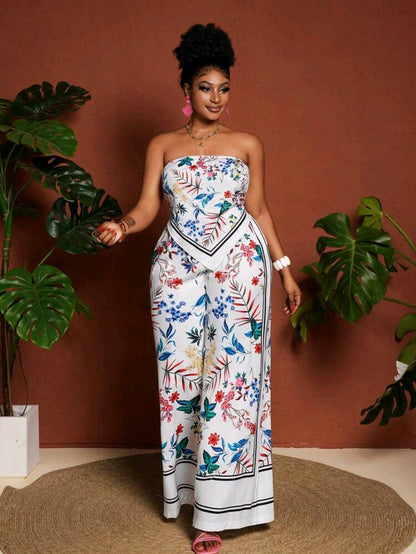 Plus-size floral print bandeau top and wide leg pants