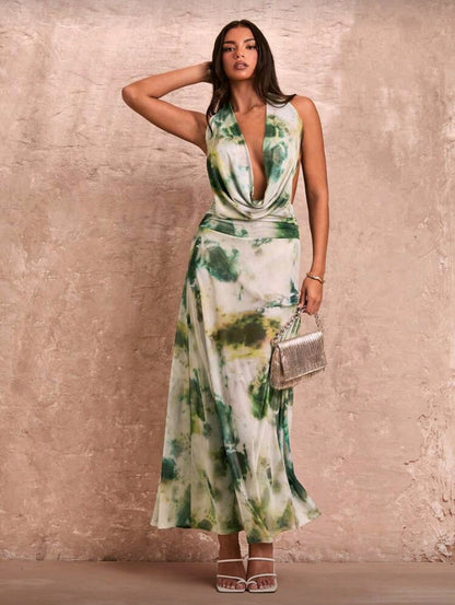 Tie-dye print deep v- neck backless dress