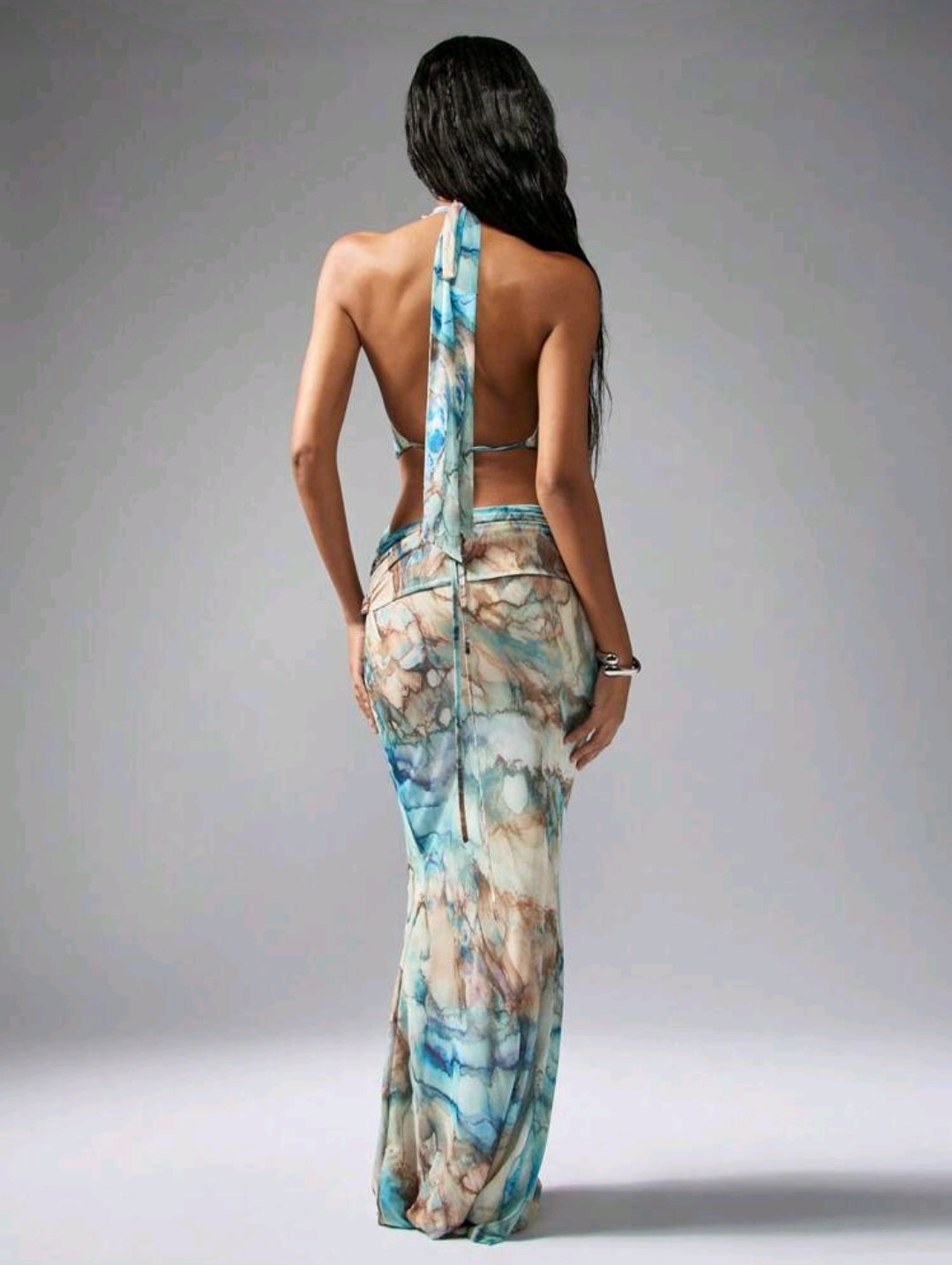 Watermarked deep neck maxi dress