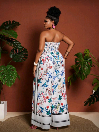 Plus-size floral print bandeau top and wide leg pants