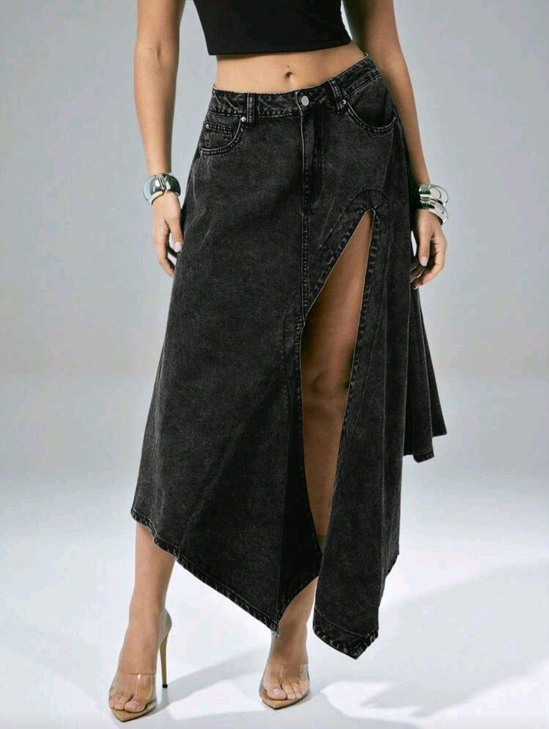 Asymmetrical Slit Denim Midi Skirt
