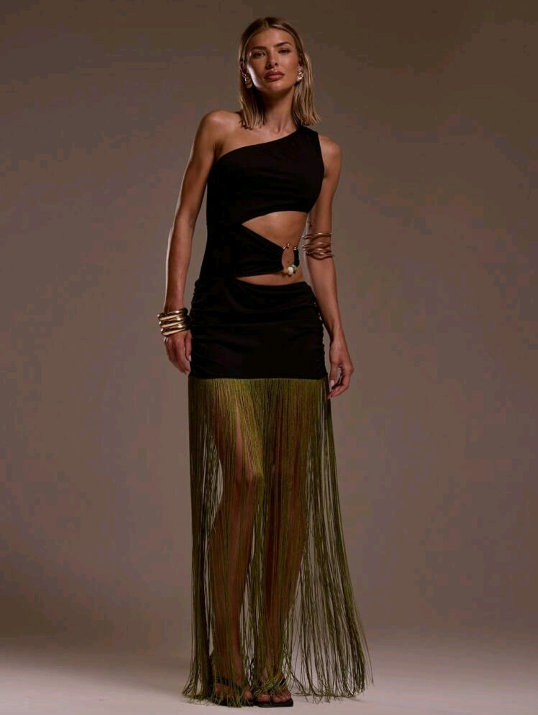 One shoulder cut out waist fringe dress