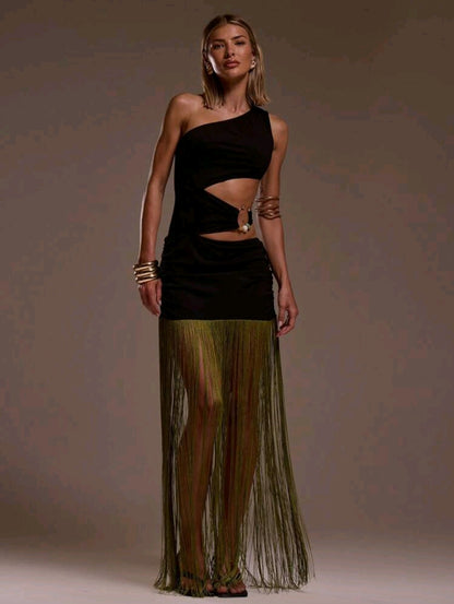 One shoulder cut out waist fringe dress