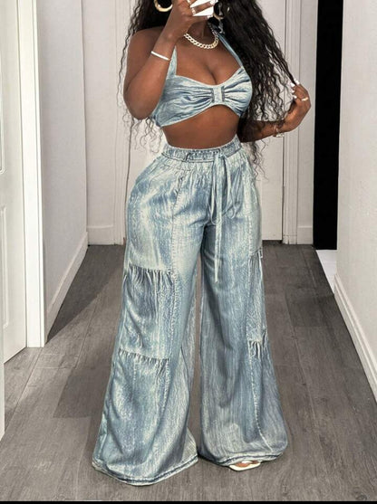 Faux Denim two piece pants set