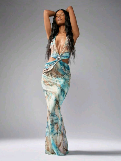 Watermarked deep neck maxi dress