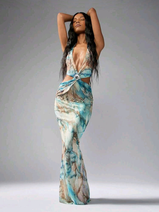 Watermarked deep neck maxi dress