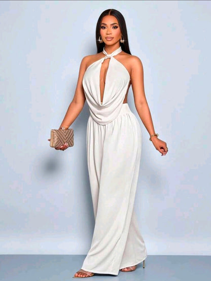 Draped halter top and wide leg pants