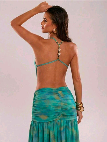 Beaded backless tie dye dress