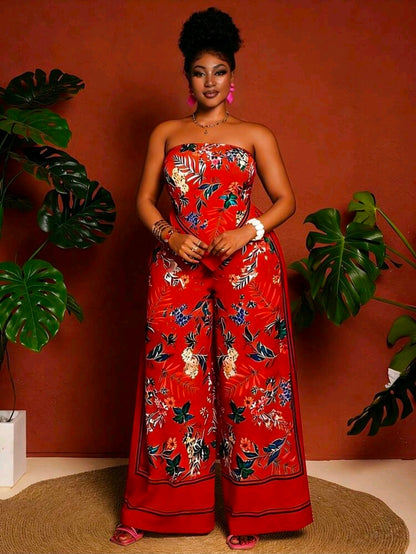 Plus-size floral print bandeau top and wide leg pants
