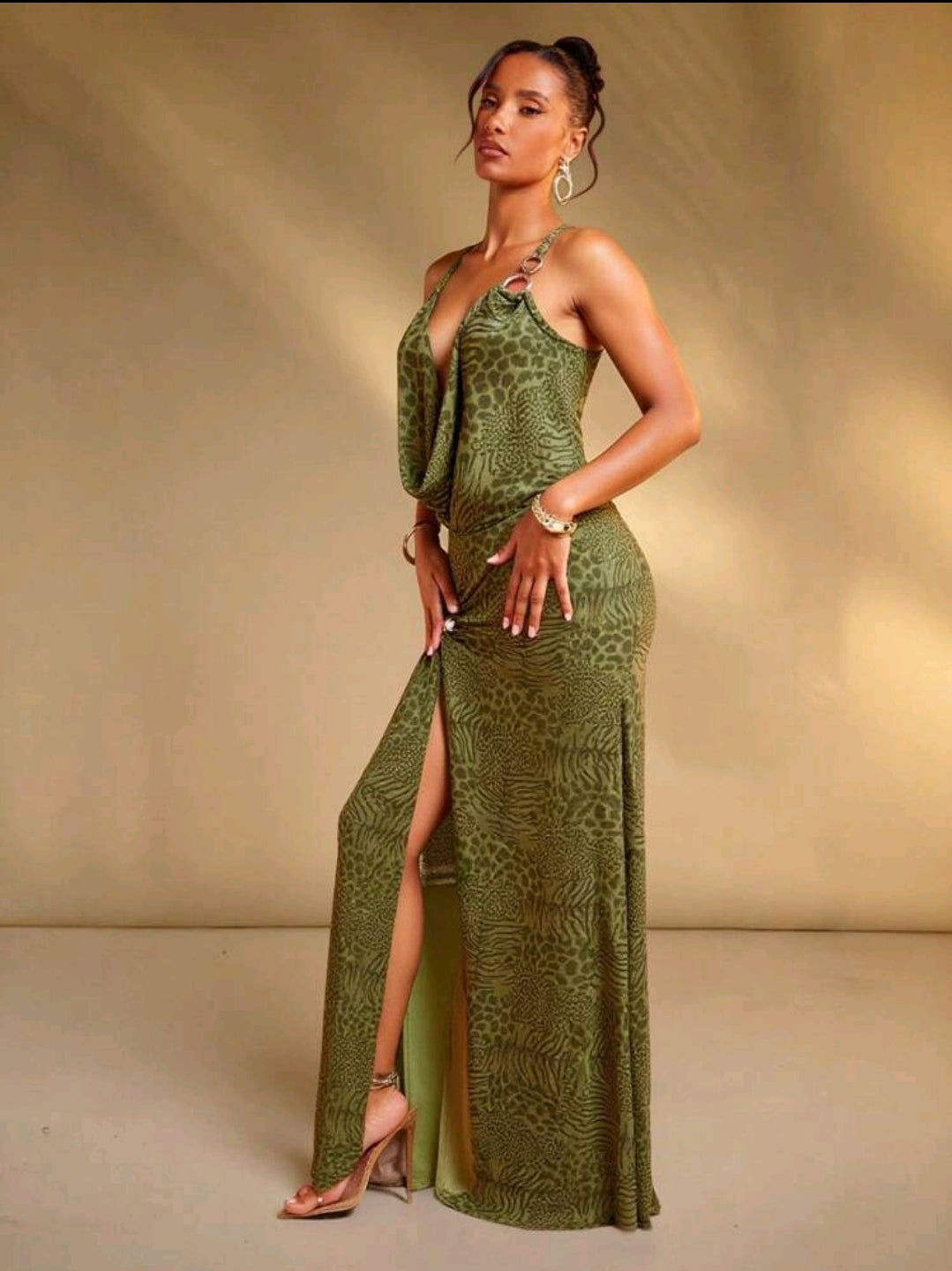 Draped neck high slit maxi dress