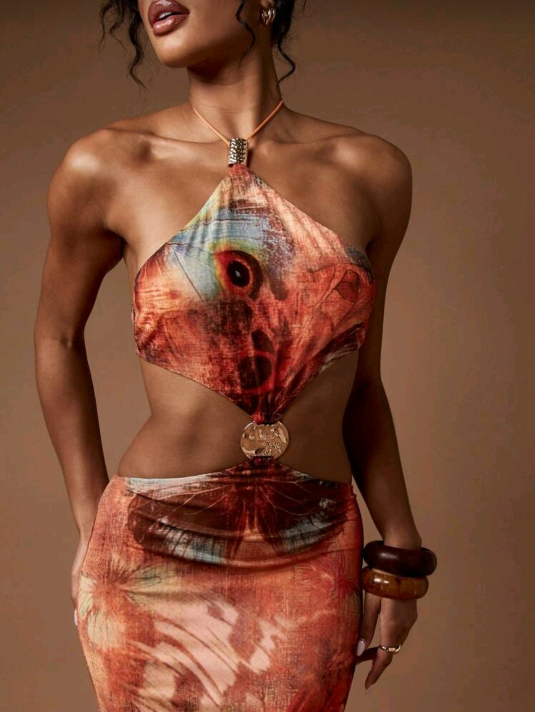 Butterfly print halter maxi dress