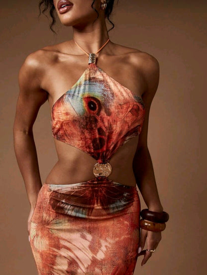 Butterfly print halter maxi dress