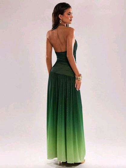 Gradient halter backless maxi dress