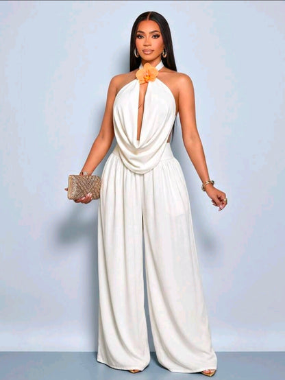 Draped halter top and wide leg pants