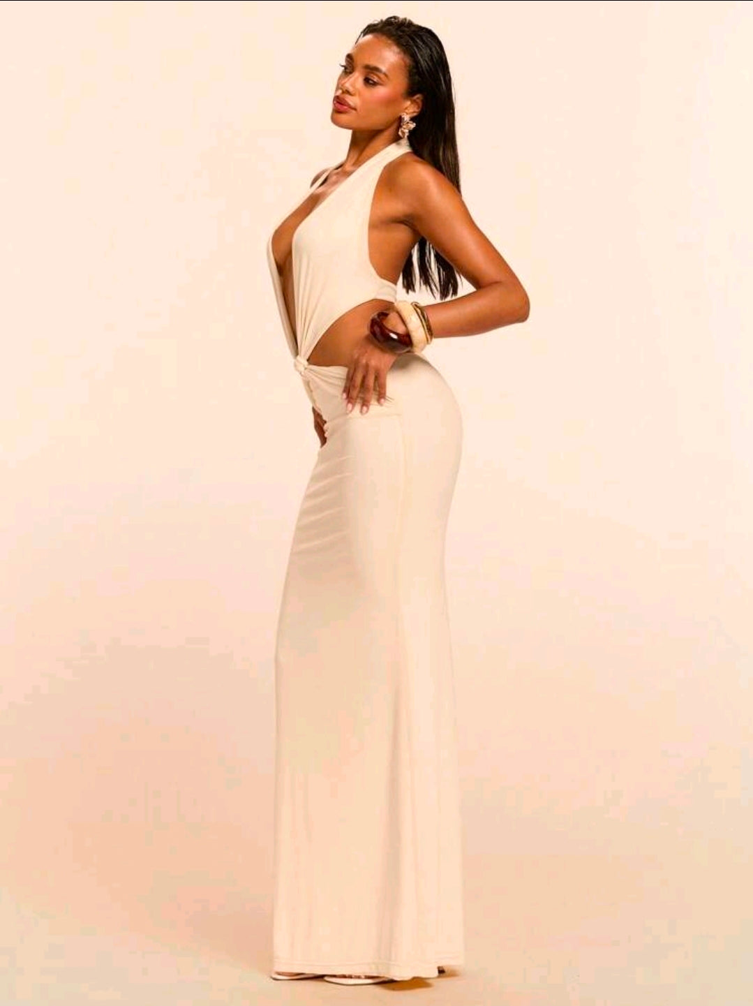 Deep plunge cut out halter dress