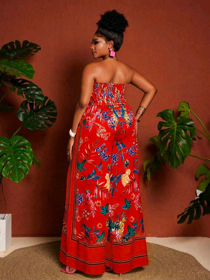 Plus-size floral print bandeau top and wide leg pants