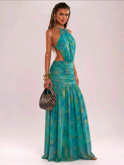 Beaded backless tie dye dress