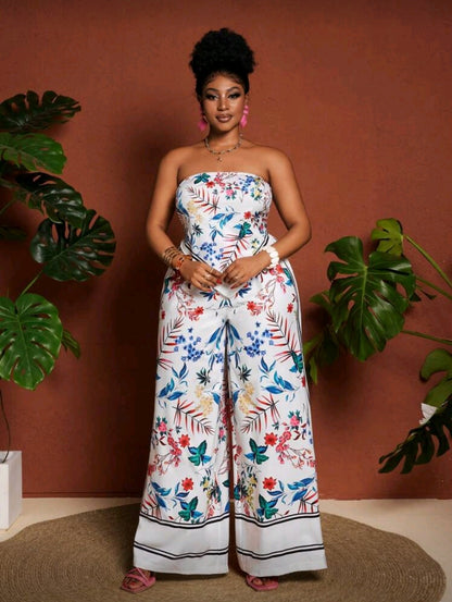 Plus-size floral print bandeau top and wide leg pants
