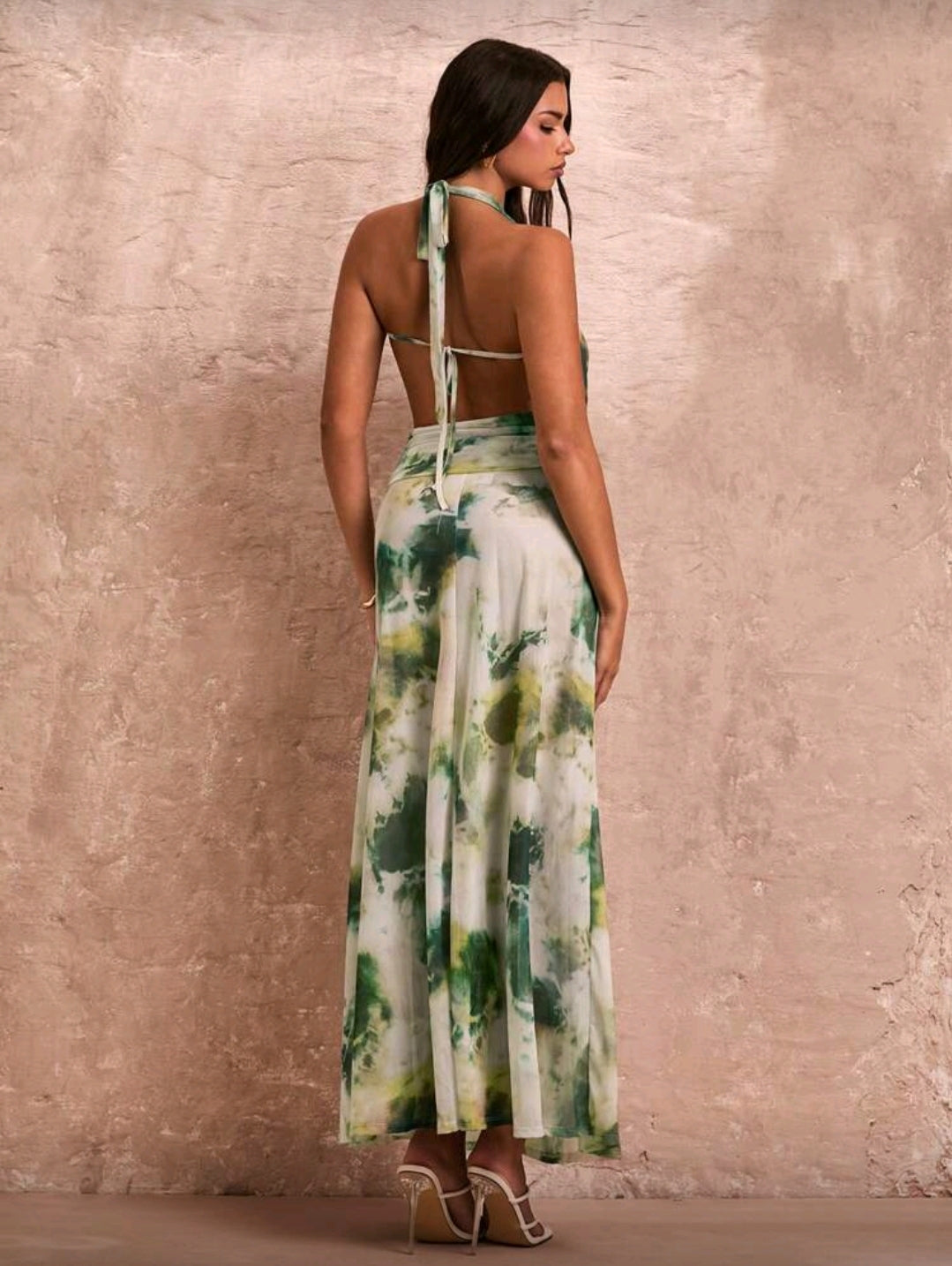 Tie-dye print deep v- neck backless dress