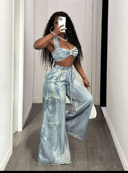 Faux Denim two piece pants set