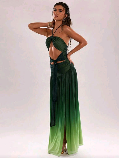 Gradient halter backless maxi dress