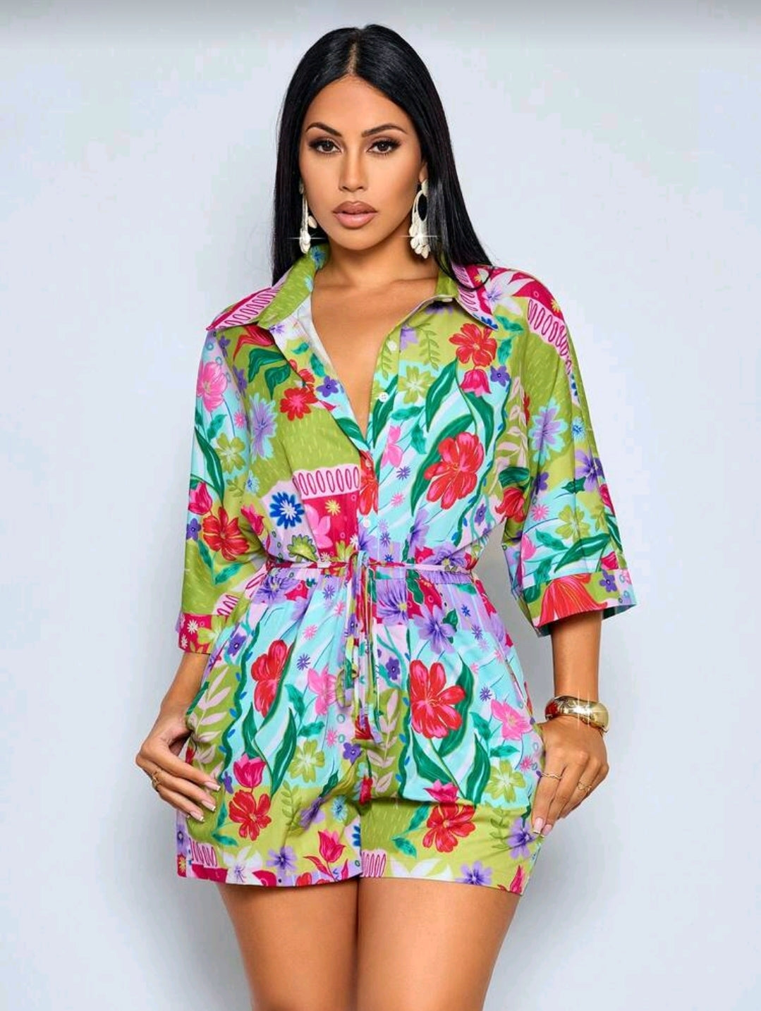 Tropical print belted romper