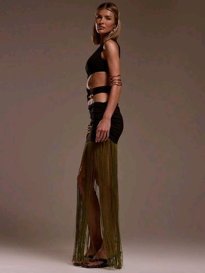 One shoulder cut out waist fringe dress