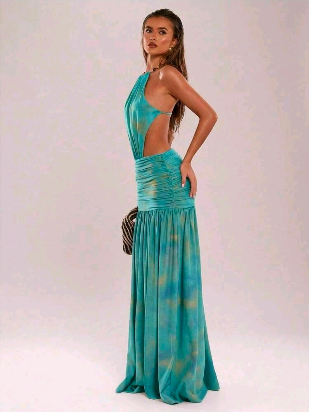 Beaded backless tie dye dress