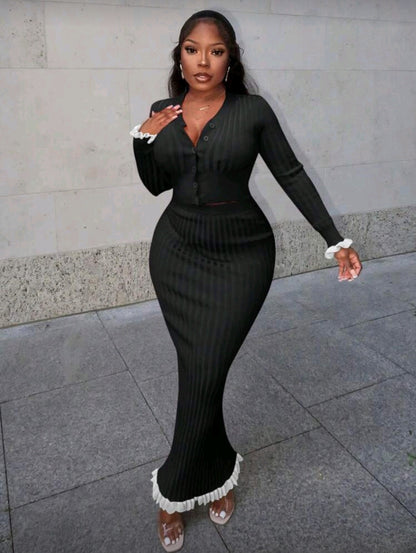 V-neck long-sleeved sweater skirt set
