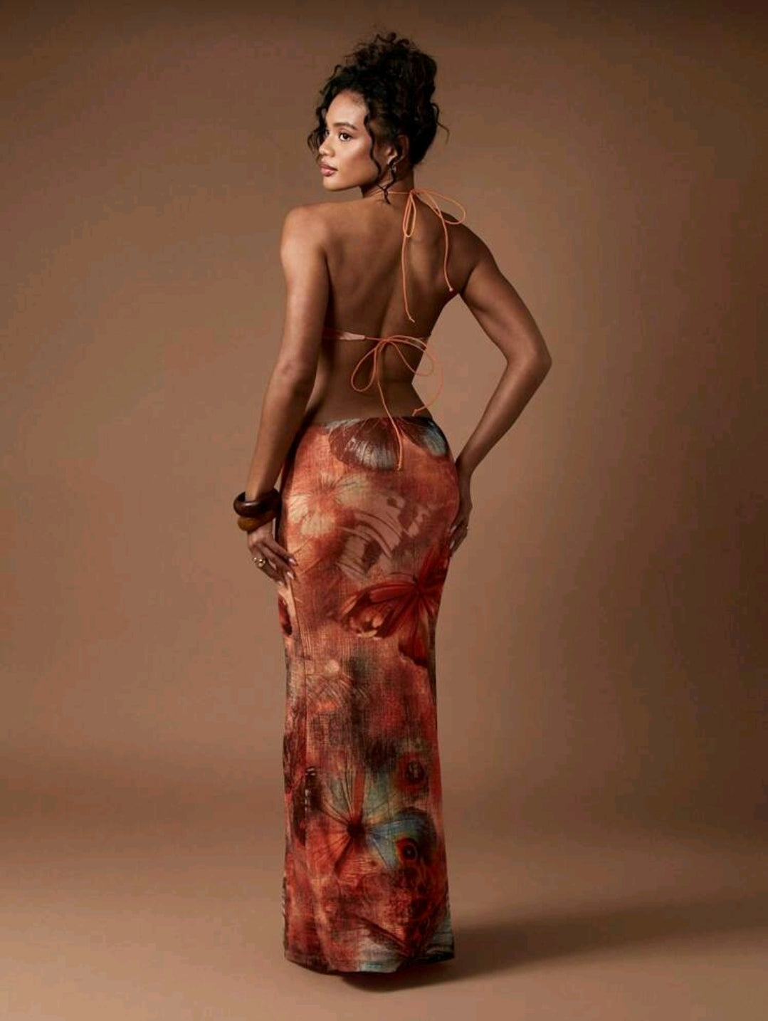 Butterfly print halter maxi dress